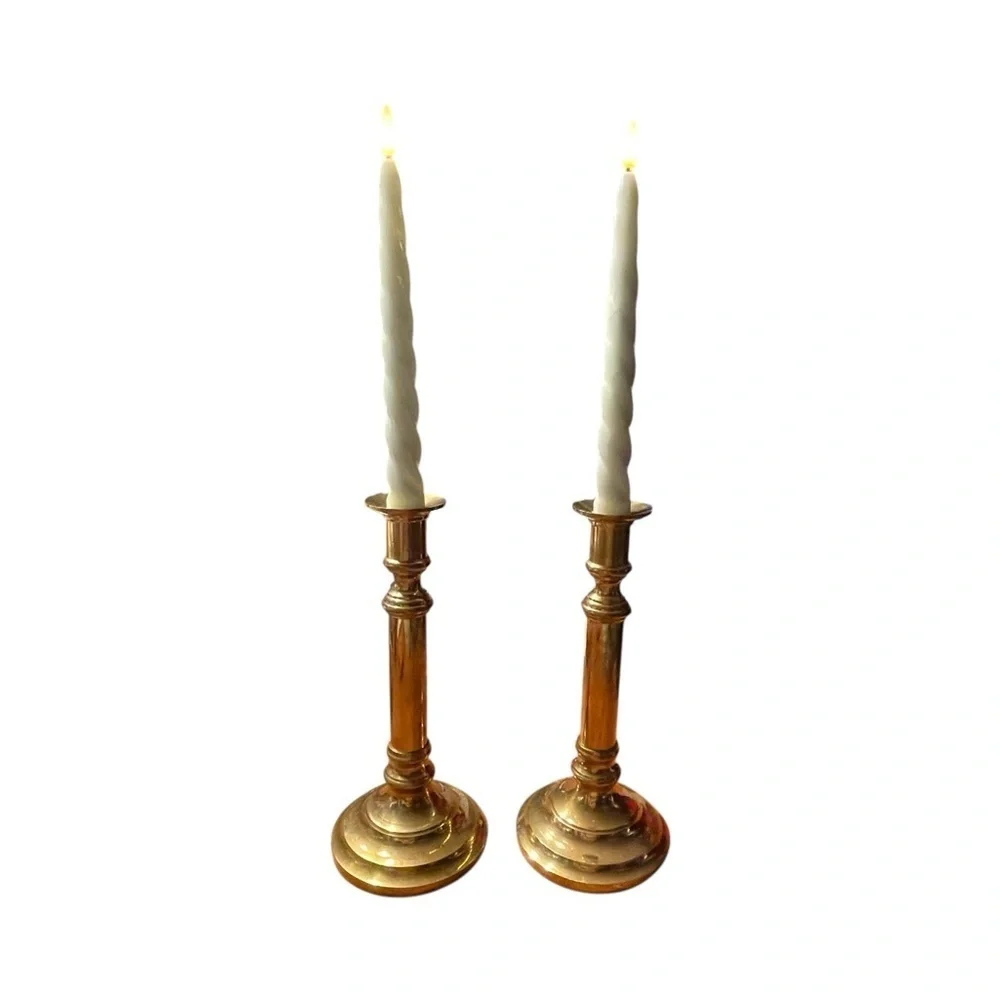 Vtg Brass Candlestick Holders Pair Fluted Column Round Step Base Heavy MCM 10